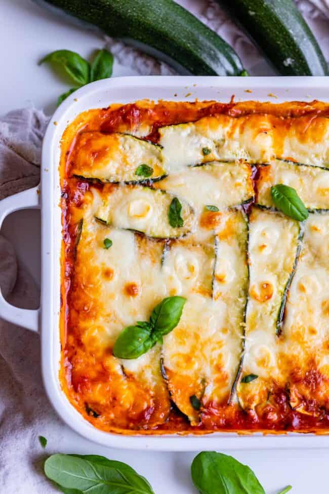 keto zucchini lasagna in a white dish