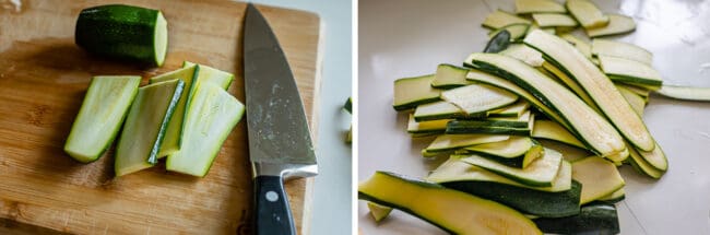 zucchini thinly sliced into noodles, on a cutting board 