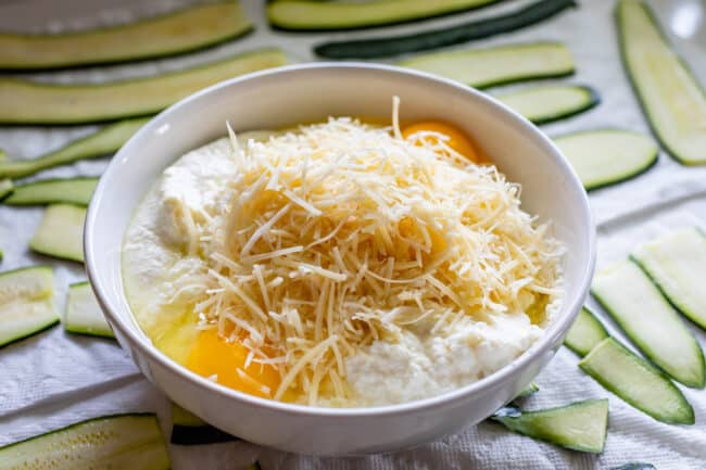 a white bowl of ricotta, eggs, parmesan