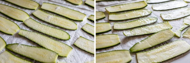 zucchini noodles laid out on paper towels and salted, water be released