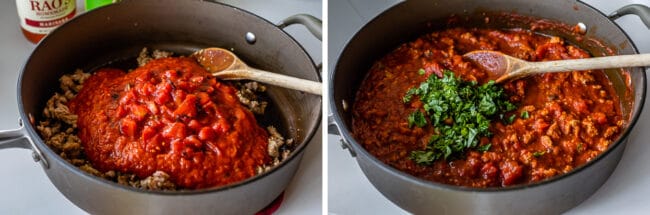 sausage and tomatoes in a pan, completed marinara sauce with basil