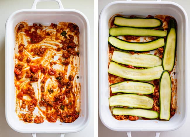 white casserole dish with red sauce, topped with zucchini noodles