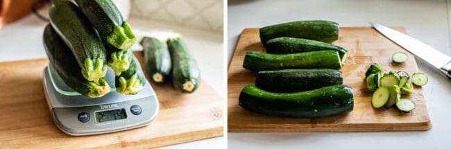 2 pounds of zucchini on a scale, zucchini with ends sliced off