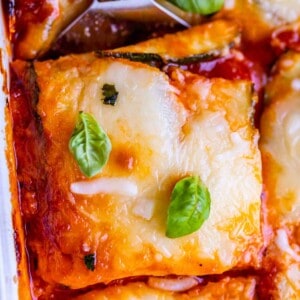 overhead shot of zucchini lasagna sliced in the pan