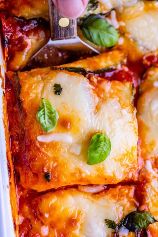 overhead shot of zucchini lasagna sliced in the pan