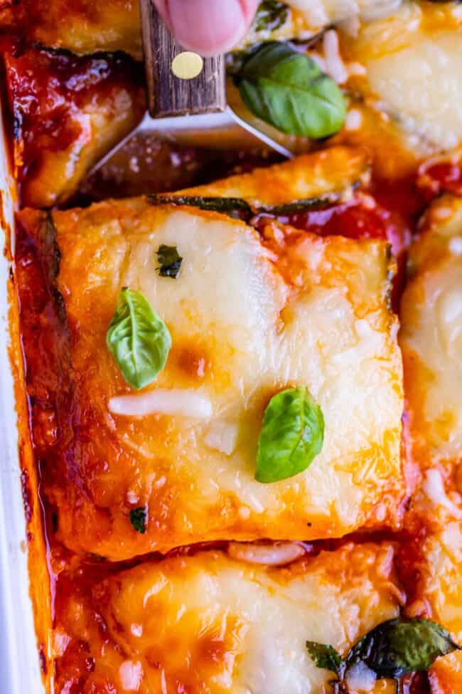 overhead shot of zucchini lasagna sliced in the pan