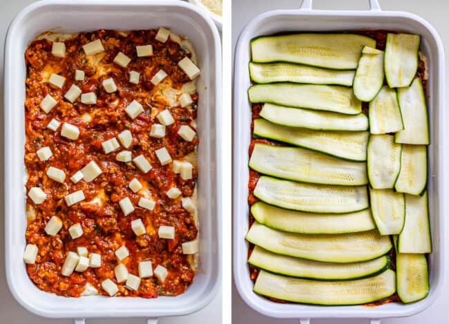 White casserole dish with marinara sauce and mozzarella, topped with zucchini noodles