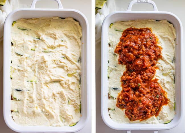 white casserole dish with ricotta, then topped with marinara