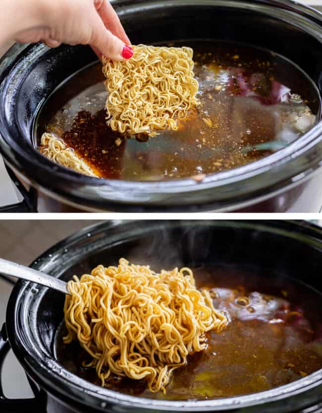 adding noodles to a crock pot full of broth