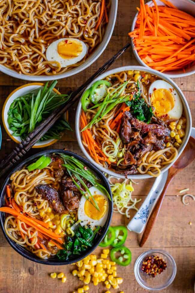 overhead shot of two bowls of pork ramen