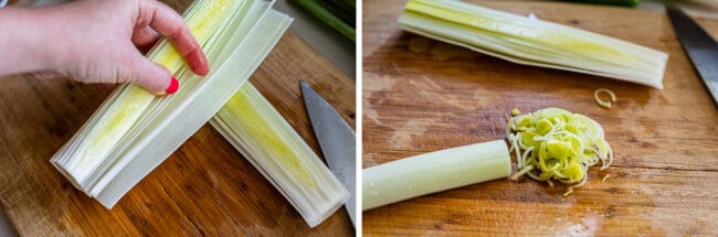 showing the layers of leeks in hand, and chopping leeks on a cutting board