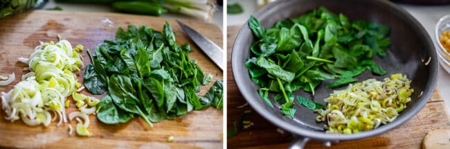 chopped leeks and spinach on a cutting board, then in a saute pan