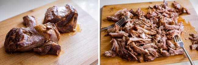 cooked pork shoulder on a cutting board, shredded pork with 2 forks