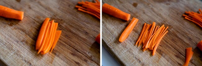 how to cut carrots into matchsticks, on a wooden cutting board