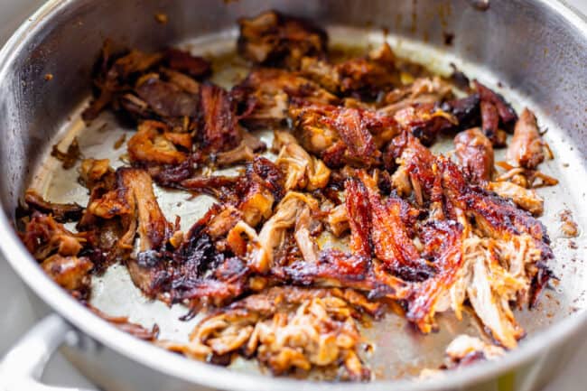 crispy shredded pork in a pan