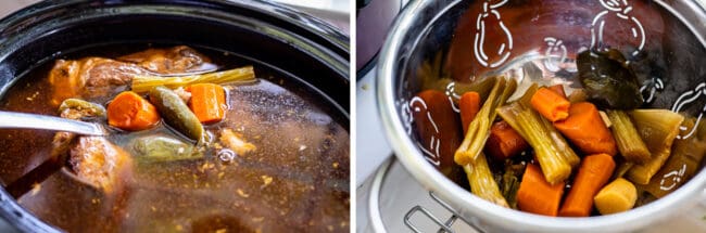 spoon lifting vegetables from a crock pot full of broth, the discarded veggies in a colander