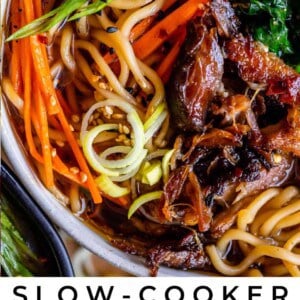 easy pork ramen in a bowl with garnishes and noodles