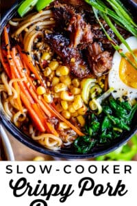 pork ramen broth in a bowl with noodles and vegetable garnishes