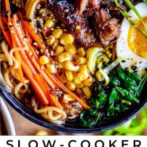 pork ramen broth in a bowl with noodles and vegetable garnishes