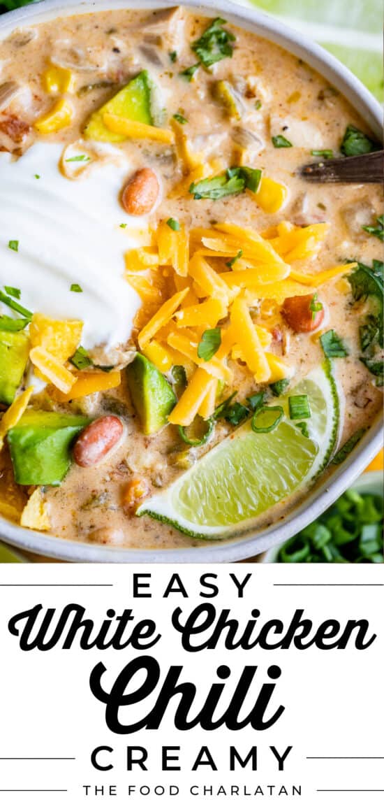 easy white chicken chili with sour cream and cheddar cheese with lime