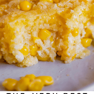 creamed corn casserole with a bite taken out.
