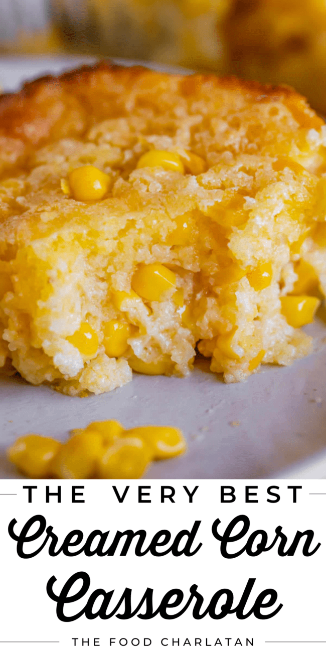 creamed corn casserole with a bite taken out.