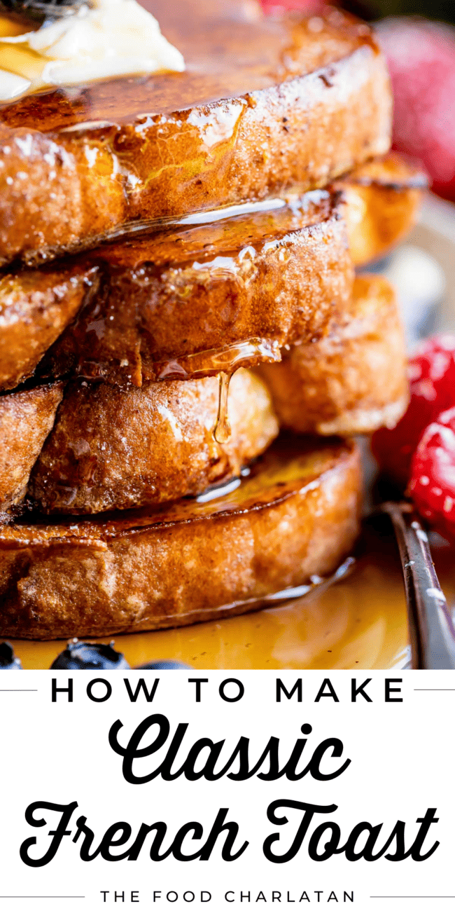 a stack of french toast with syrup dripping down and butter on top.