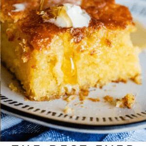 A slice of golden cornbread with a pat of melting butter on top is drizzled with honey. The text reads The Food Charlatan, highlighting this moist and buttery treat.