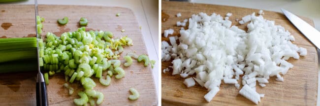 celery chopped on a cutting board, onions, chopped