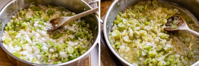 celery and onions cooked in butter in a pan, before and after