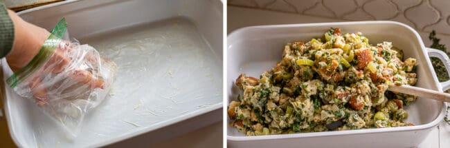 buttering a white casserole dish, raw stuffing poured into pan