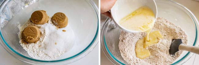 dry ingredients in a glass bowl, adding melted butter to a larger bowl with a spatula in it.