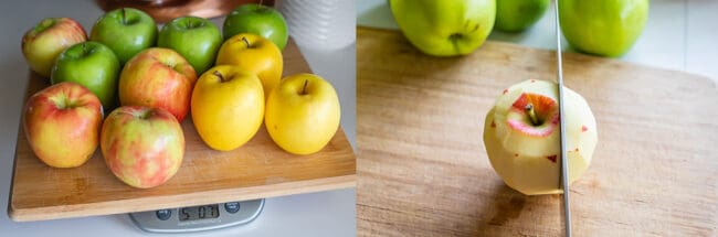 5 pounds of apples on a cutting board on a kitchen scale.