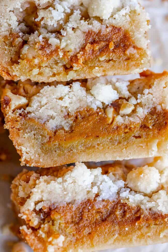 pumpkin pie bars stacked and close up