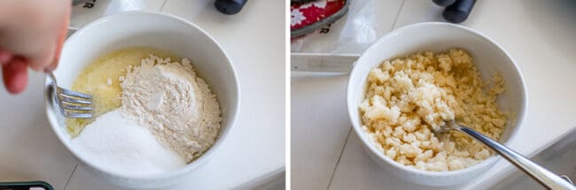 butter, flour and sugar in a white bowl, then stirred together with a fork