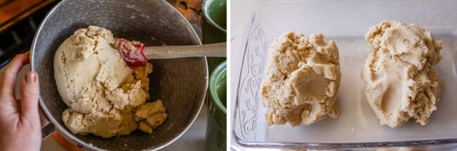 shortbread dough in a bowl, two balls of dough in a glass pan