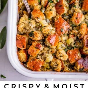 Thanksgiving stuffing in a white casserole dish from overhead