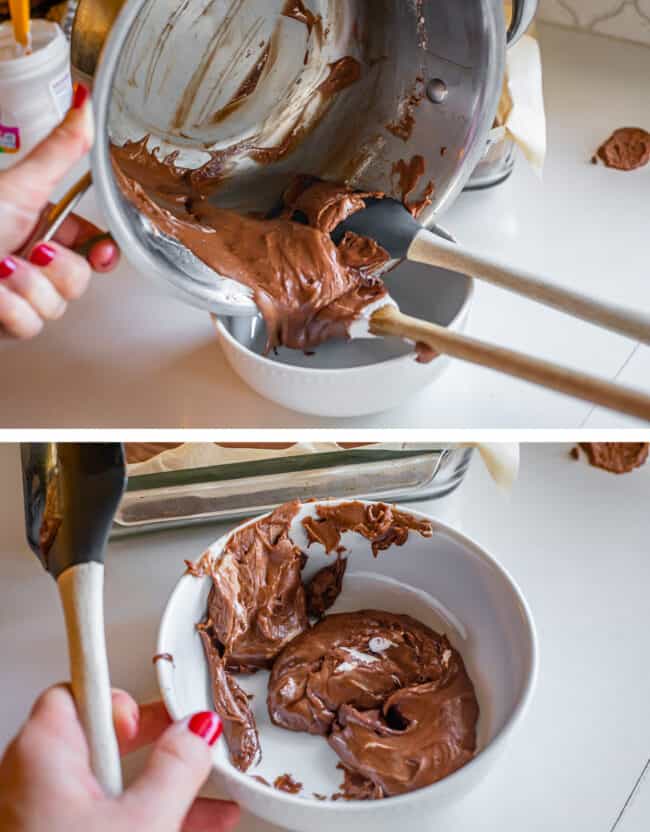 scraping the last bits of fudge from a pot, adding to a white bowl with a spatula