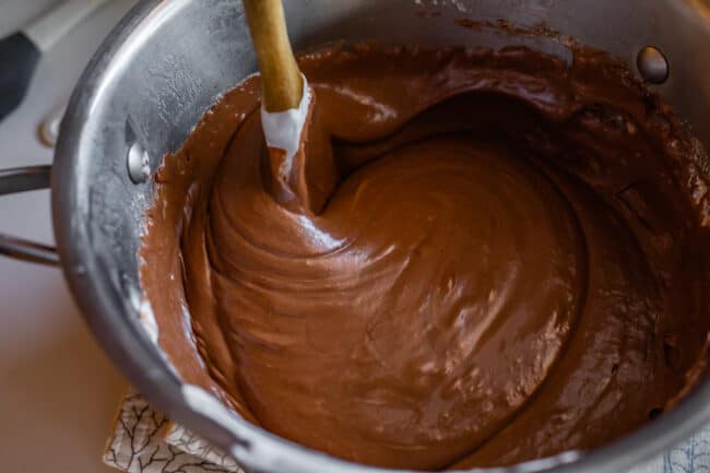 smooth and creamy fudge in pot ready to be poured.