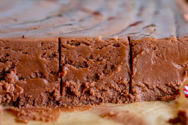 close up of marshmallow fudge with scoring marks.
