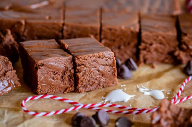 marshmallow cream fudge on parchment paper with baker's twine.