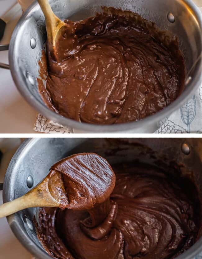 fudge in a pot with chunks of chocolate (not well mixed), then in the next photo, smooth chocolate
