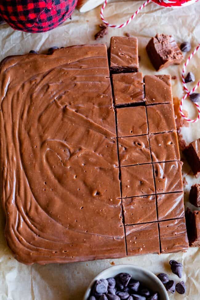 overhead shot of marshmallow fudge sliced into squares on parchment paper.