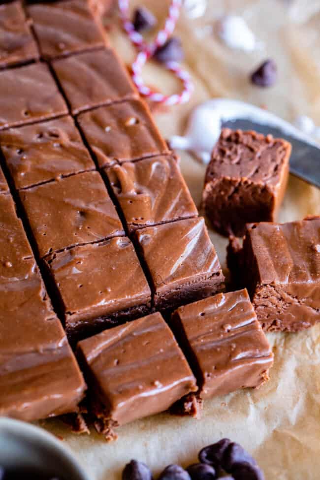 marshmallow fluff fudge cut into squares on parchment paper.