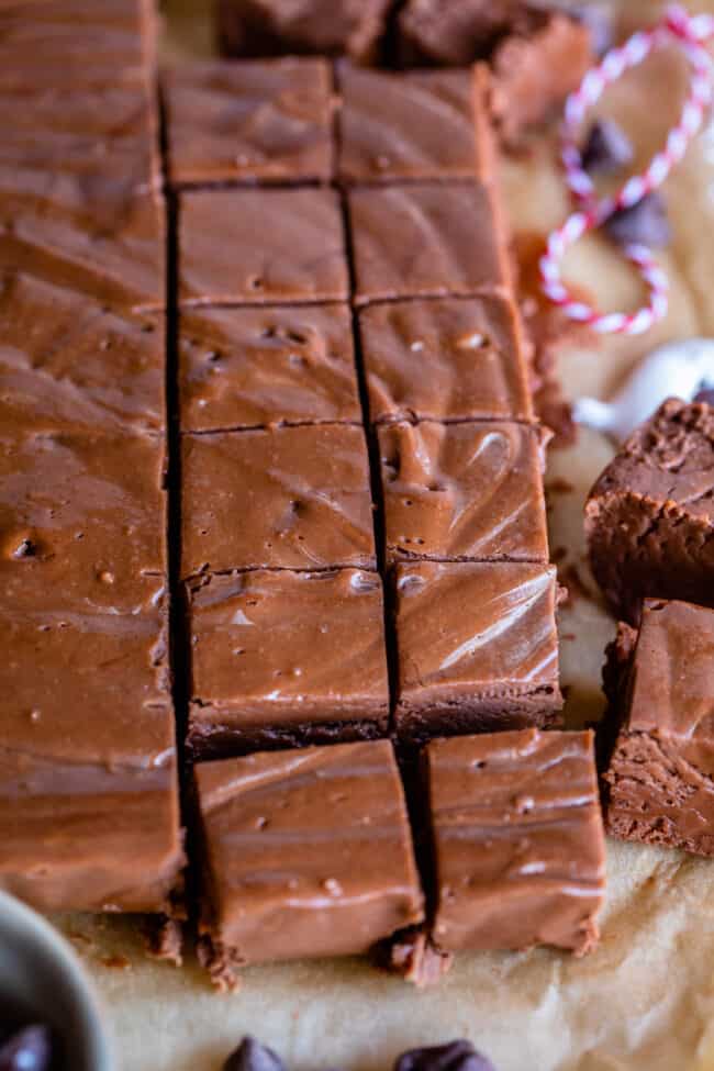 batch of marshmallow cream fudge cut into squares.