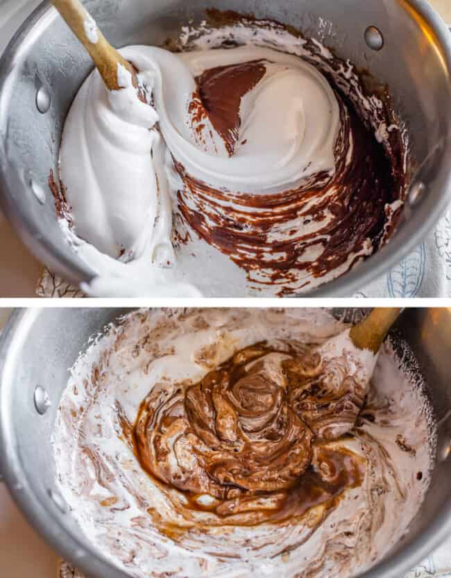 mixing marshmallow creme into a pot of fudge; adding vanilla