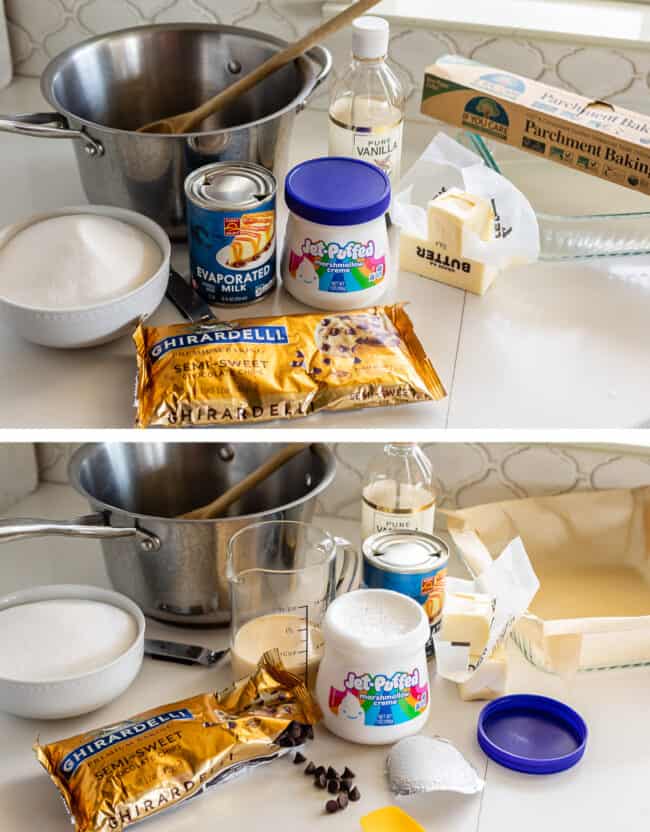 ingredients for fudge on a white counter, all ingredients prepared for fudge (lids off and measured)