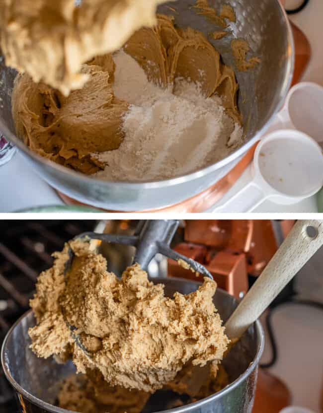 adding flour to cookie dough in a stand mixer, mixed dough on a paddle attachment.