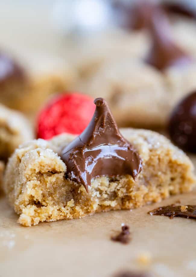 easy peanut butter blossom cookie with bite taken from center