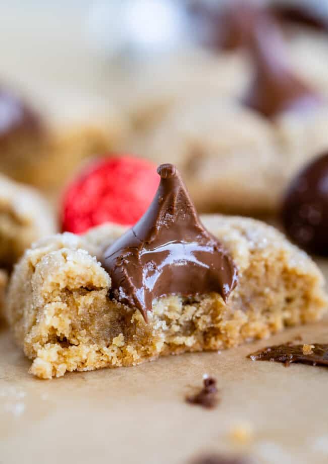 peanut butter cookie with Hershey's kiss and bite taken out.